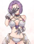  1girl armor bangs bikini_armor blue_eyes blush breasts cleavage embarrassed gauntlets jun_(princess_connect!) kurushima_gire large_breasts looking_at_viewer navel outdoors parted_bangs princess_connect! purple_hair simple_background smile stomach swimsuit umbrella upper_body white_background 