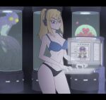  1girl animated animated_gif bangs blonde_hair blue_eyes bra breasts closed_mouth collarbone commentary encasement english_commentary english_text frown headphones heart high_ponytail holographic_interface kyde large_breasts letterboxed long_hair mario_(series) metroid metroid_(creature) navel panties ponytail samus_aran sidelocks solo_focus space_pirate_(metroid) swaying typing underwear waluigi wanted 