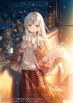  1girl artist_name bangs blonde_hair blush brown_eyes building city_lights closed_mouth coffee_mug company_name copyright copyright_name cup dot_nose drink feet_out_of_frame floating_hair fringe_trim glowing grey_hair hair_ornament hairclip hands_up hanekoto high_collar highres holding holding_cup holding_drink house lamppost layered_sleeves light_frown light_particles long_hair long_skirt long_sleeves looking_at_viewer mug night official_art open_clothes otonari_no_tenshi-sama_ni_itsu_no_mani_ka_dame_ningen_ni_sarete_ita_ken plaid plaid_skirt red_skirt rooftop scenery shadow shiina_mahiru sidelighting skirt snow snowing solo sparkle split_mouth standing steam straight_hair sweater tree turtleneck turtleneck_sweater very_long_hair w_arms wind 