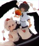  2girls absurdres animal_ears bird_wings black_hair black_wings closed_mouth collared_shirt hand_fan hat hauchiwa highres holding holding_fan holding_sword holding_weapon inubashiri_momiji looking_at_viewer mikan_(manmarumikan) multiple_girls pom_pom_(clothes) red_eyes red_headwear ribbon-trimmed_sleeves ribbon_trim shameimaru_aya shirt short_hair simple_background smile sword tokin_hat touhou weapon white_background white_hair white_shirt wide_sleeves wings wolf_ears 