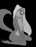  anthro black_background breasts canid canine clothing collar disney female fox greyscale haaru headgear headwear maid_marian mammal monochrome nipples nude open_mouth paws red_fox robin_hood_(disney) simple_background smile solo tail tail_motion 
