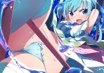  1girl aqua_eyes aqua_hair aqua_panties aqua_thighhighs arms_up bangs commentary_request dated detached_sleeves highres japanese_clothes kimono long_hair looking_at_viewer magia_record:_mahou_shoujo_madoka_magica_gaiden mahou_shoujo_madoka_magica minami_rena nekokan-nekokan open_mouth panties print_kimono signature solo thighhighs underwear v-shaped_eyebrows water_drop 