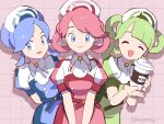  3girls :d ^_^ blue_dress blue_eyes blue_hair breasts closed_eyes closed_mouth cup dress drop_shadow green_dress hair_rings hat holding holding_cup jaggy_lines light_green_hair long_hair looking_at_viewer medium_breasts mizutani_megumi multiple_girls nurse_cap open_mouth pink_background pink_dress pink_hair pokemon pokemon_(game) pokemon_masters_ex puffy_short_sleeves puffy_sleeves short_hair short_sleeves smile star_(symbol) tricia_(pokemon) trinnia_(pokemon) trista_(pokemon) twitter_username 