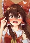  1girl angry bangs blush bow breasts brown_background brown_hair collar commentary_request detached_sleeves dress embarrassed eyelashes frilled_bow frilled_collar frills full-face_blush hair_between_eyes hair_bow hair_tubes hakurei_reimu hand_up highres japanese_clothes long_hair miko neckerchief open_mouth paw_print red_bow red_dress sidelocks simple_background small_breasts solo touhou wavy_mouth white_collar white_sleeves wide-eyed wide_sleeves wily_beast_and_weakest_creature yellow_eyes yellow_neckerchief yosshy 