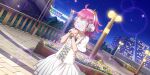  1girl absurdres ahoge blunt_ends bracelet center_frills city closed_eyes corset crown dress eien_no_isshun_(love_live!) fence flower frills hair_ornament hands_on_own_chest head-mounted_display headphones highres jewelry lamppost long_hair love_live! love_live!_nijigasaki_high_school_idol_club love_live!_school_idol_festival_all_stars mini_crown night night_sky outdoors pearl_bracelet pink_hair short_sleeves sky smile solo sparkle star_(sky) starry_sky x_hair_ornament 