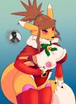  absurd_res anthro areola bandai_namco bell bell_collar belt big_breasts big_butt breasts butt camel_toe christmas christmas_clothing clothing collar digimon embarrassed female hi_res holidays legwear long_ears long_tail looking_at_viewer nipples one_breast_out rikamon solo tail thigh_highs walas21 
