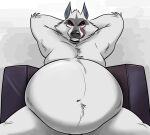  2023 anthro belly big_belly canid canine canis clenched_teeth death_(puss_in_boots) dreamworks ears_up evil_grin fangs fur grey_body grey_fur hands_behind_head hi_res imminent_vore licking licking_lips looking_at_viewer male mammal navel nude obese obese_anthro obese_male overweight overweight_anthro overweight_male puss_in_boots_the_last_wish red_eyes remmyfox sitting smile smiling_at_viewer solo teeth tongue tongue_out wolf 