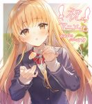  1girl :o bangs blazer blonde_hair blurry blurry_background blush border bow bowtie brown_eyes buttons collared_shirt congratulations copyright_name dress_shirt flower_pot food fork fruit haru_(hiyori-kohal) highres holding holding_fork incoming_food jacket lapels layered_clothes layered_sleeves light_particles long_hair long_sleeves looking_at_viewer notched_lapels otonari_no_tenshi-sama_ni_itsu_no_mani_ka_dame_ningen_ni_sarete_ita_ken outside_border parted_lips plant potted_plant red_bow red_bowtie shiina_mahiru shirt solo sparkle straight_hair strawberry upper_body w_arms white_border white_shirt wing_collar 