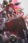  1girl alternate_costume animal_ears breasts candy cleavage compass_rose_halo crossed_legs detached_sleeves fake_animal_ears food guilty_gear guilty_gear_strive halo highres jack-o&#039;_valentine large_breasts long_hair looking_at_viewer midriff multicolored_hair open_clothes open_mouth open_shirt pantyhose puffy_sleeves rabbit_ears red_hair sitting smile two-tone_hair white_footwear white_hair youmicitrustea 