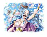  1girl blue_hair blue_sky breasts cleavage cropped_torso dress going_merry hand_up jewelry long_hair multiple_views necklace nefertari_vivi ocean official_art one_piece one_piece_treasure_cruise open_mouth sky teeth water white_dress 