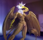  anthro athletic athletic_anthro athletic_female avian bodily_fluids breasts digital_drawing_(artwork) digital_media_(artwork) feathers female friendship_is_magic genital_fluids genitals gilda_(mlp) gryphon hasbro hi_res muscular muscular_anthro muscular_female my_little_pony mythological_avian mythology nipples nude patreon pussy pussy_juice reward solo spread_wings sunny_way wet wings 