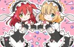  2girls ;) animal_ears apron bangs black_hairband black_skirt blonde_hair blue_eyes blush bocchi_the_rock! center_frills chibi closed_mouth commentary_request cosplay fake_animal_ears fleur_de_lapin_uniform floppy_ears frilled_apron frilled_hairband frilled_skirt frills gochuumon_wa_usagi_desu_ka? green_eyes hair_between_eyes hairband hands_up heart heart_background heart_hands kirima_syaro kirima_syaro_(cosplay) kita_ikuyo looking_at_viewer mitya multiple_girls one_eye_closed one_side_up outline pink_background puffy_short_sleeves puffy_sleeves rabbit_ears red_hair shirt short_sleeves skirt smile twitter_username uniform waist_apron waitress white_apron white_outline white_shirt wrist_cuffs 