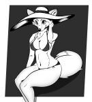  absurd_res anthro big_breasts bikini black_and_white breasts canid canine clothing curvy_figure female fluffy fluffy_tail fox fur hi_res mammal monochrome simple_background sitting smile solo swimwear tail tuft voluptuous wide_brim_hat wisty 