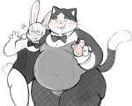  absurd_res anthro belly blush bow_tie bulge bunny_costume cafongterua clothing costume domestic_cat duo embarrassed embrace eyewear felid feline felis fishnet_leggings gesture glasses hi_res hug lagomorph leporid long_ears male male/male mammal navel overweight pawpads playboy_outfit rabbit v_sign 