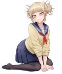  1girl absurdres ass bags_under_eyes bangs black_pantyhose blonde_hair blue_sailor_collar boku_no_hero_academia breasts collarbone double_bun hair_bun highres kobaji large_breasts looking_at_viewer messy_hair pantyhose pleated_skirt sailor_collar school_uniform simple_background skirt solo toga_himiko white_background yellow_eyes 