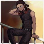  1boy absurdres arm_support belt blue_eyes bracelet brown_hair comiclove1314 dark-skinned_male dark_skin desmond_hall drawstring dreadlocks earrings frown hair_pulled_back half_updo hand_on_own_head hand_up highres jewelry long_hair looking_to_the_side male_focus multicolored_hair muscular muscular_male orange_hair pants project:_eden&#039;s_garden ring_hair_ornament shirt sitting sitting_on_railing sleeveless sleeveless_shirt solo two-tone_hair 