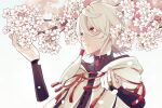  1boy 1other appleurchin cherry_blossoms detached_arm earrings hair_between_eyes hair_tubes jewelry male_focus outdoors red_eyes seikaisuru_kado short_hair_with_long_locks simple_background solo upper_body white_background white_hair yaha-kui_zashunina 