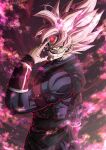  1boy absurdres biceps black_wristband bracer commentary_request crimson-masked_saiyan dougi dragon_ball dragon_ball_heroes goku_black grey_shirt hand_up highres long_sleeves looking_at_viewer male_focus mask mocky_art muscular muscular_male pink_hair red_eyes shirt solo spiked_hair super_saiyan super_saiyan_rose time_breaker_mask v-shaped_eyebrows veins wristband 