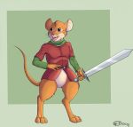  2021 anthro belt bottomless bottomless_anthro bottomless_male buckteeth claws clothed clothing featureless_crotch fur hi_res holding_object holding_sword holding_weapon jimfoxx looking_away male mammal matthias_(redwall) melee_weapon mouse murid murine open_mouth raised_tail redwall rodent signature solo standing sword tail teeth tiptoes toe_claws tongue tunic weapon whiskers 