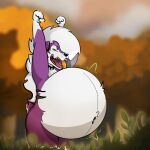  absurd_res anthro artskyuu belly big_belly bodily_noises canid canine churn collar death digestion forest forest_background fur generation_7_pokemon hi_res hyper hyper_belly levan_(artskyuu) lycanroc male mammal midnight_lycanroc nature nature_background nintendo open_mouth oral_vore plant pokemon pokemon_(species) purple_body purple_fur rumbling_stomach solo solo_focus spiked_collar spikes stretching tree vore weight_gain white_body white_fur yawn 