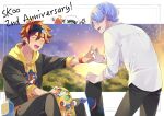  2boys ^_^ anniversary black_pants blue_hair blurry blurry_background bottle closed_eyes collared_shirt hasegawa_langa headband highres hood hoodie kyan_reki male_focus multiple_boys open_mouth orange_hair pants shirt sitting sk8_the_infinity skateboard sky smile uppi v water_bottle 