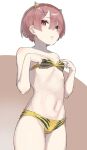  1girl animal_print bare_shoulders bikini bog breasts cosplay hair_ornament highres horns lum lum_(cosplay) navel oni_horns pink_eyes pink_hair ram_(re:zero) re:zero_kara_hajimeru_isekai_seikatsu short_hair small_breasts solo swimsuit tiger_print urusei_yatsura x_hair_ornament 