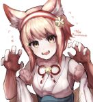  1girl animal_ears bangs cat_ears dated elbow_gloves fake_animal_ears fangs fingerless_gloves fire_emblem fire_emblem_fates fire_emblem_heroes gloves hairband highres leon0630claude looking_at_viewer official_alternate_costume open_mouth paw_pose pink_hair sakura_(fire_emblem) sakura_(halloween)_(fire_emblem) short_hair solo twitter_username upper_body white_background 