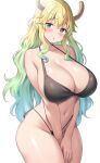  1girl :o absurdres bare_shoulders black_bra black_panties blonde_hair blush bra breasts cleavage collarbone covering covering_crotch dragon_girl dragon_horns feet green_eyes green_hair hand_on_own_crotch heterochromia highres horns huge_breasts jasony kobayashi-san_chi_no_maidragon large_breasts lingerie lucoa_(maidragon) midriff multicolored_hair navel panties purple_eyes stomach thick_thighs thighs underwear wide_hips 