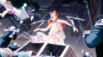  1girl blurry blurry_background blurry_foreground breasts brown_hair cyberpunk_(series) cyberpunk_2077 cyborg dress glasses gloves grey_nails gun helmet highres holding holding_gun holding_weapon joints large_breasts long_hair night outdoors rain robot_joints sideboob trash_bag weapon white_dress zuoteng_lucha 