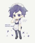  1boy alternate_costume apron arm_behind_head bangs blush chibi crossdressing dress dress_tug earrings enmaided frown full_body highres jewelry maid maid_headdress male_focus neck_ribbon open_mouth pantyhose pinafore_dress purple_eyes purple_hair ribbon sebastian short_hair short_sleeves solo stardew_valley waist_apron ying_zui_yu_weiba_de_shengzhang 