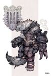  1boy animal armlet armor chain clenched_teeth crest ds_hand55 fantasy full_body furry gauntlets highres hyena key lock monster muscular muscular_male original red_eyes shoulder_spikes simple_background spikes standing steam tail teeth 