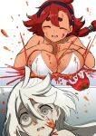  2girls absurdres ahoge bangs bikini blush breast_suppress breasts cleavage constricted_pupils grey_eyes grey_hair gundam gundam_suisei_no_majo highres large_breasts long_hair looking_at_viewer low_ponytail messy miorine_rembran multiple_girls open_mouth red_hair sgwmanga shaded_face splatter spoilers suletta_mercury swept_bangs swimsuit thick_eyebrows tomato white_bikini 