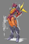  1girl arcee artist_name autobot blue_eyes frown full_body fusion grey_background gun hand_on_hip holding holding_gun holding_weapon hot_rod_(transformers) looking_down makoto_ono mecha red_lips robot science_fiction shadow solo transformers weapon 