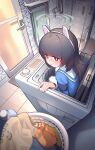  1girl absurdres animal_ears bangs bathroom black_hair blue_archive blue_shirt blunt_bangs closed_mouth cloud_nine_(798392138) fake_animal_ears full_body halo headband highres hime_cut indoors laundry laundry_basket long_hair long_sleeves looking_at_viewer miyu_(blue_archive) pantyhose pink_hair rabbit_ears shirt shower_(place) solo tile_floor tile_wall tiles towel white_pantyhose 