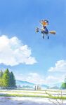  1girl 3others blonde_hair blue_sky broom broom_riding cloud cloudy_sky day fjsmu hat highres horizon house kirisame_marisa landscape lantern looking_ahead mountain multiple_others ocean outdoors scenery sky solo touhou tree witch_hat 