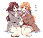  2girls arm_around_shoulder bangs black_vest bow brown_hair brown_jacket grey_jacket hair_bow jacket konoe_kanata long_hair love_live! love_live!_nijigasaki_high_school_idol_club multiple_girls open_mouth orange_hair ousaka_shizuku pink_bow plaid plaid_scarf plaid_skirt red_sweater scarf shared_clothes shared_scarf sitting skirt smile surprised sweater takatsuki_tsukasa very_long_hair vest white_background white_skirt 