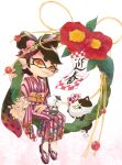  1girl animal_on_lap bangs callie_(splatoon) camellia cat closed_mouth cross-shaped_pupils dated earrings flower food food_on_head furisode hair_ornament highres japanese_clothes jewelry judd_(splatoon) kimono li&#039;l_judd_(splatoon) long_hair long_sleeves looking_at_viewer mole mole_under_eye new_year obi object_on_head okome_2g2g on_lap orange_eyes pink_footwear pointy_ears red_flower red_kimono sandals sash sitting smile socks solo splatoon_(series) striped striped_kimono sushi swept_bangs symbol-shaped_pupils tabi tentacle_hair vertical-striped_kimono vertical_stripes very_long_hair white_background white_socks wide_sleeves 