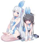  2girls all_fours animal_ears black_footwear black_hair blue_archive blue_eyes blue_leotard breasts detached_collar fake_animal_ears fake_tail grey_hair grey_pantyhose high_heels leotard long_hair machico_maki miyako_(blue_archive) miyu_(blue_archive) multiple_girls open_mouth pantyhose playboy_bunny rabbit_ears rabbit_tail red_eyes shoes simple_background sitting small_breasts tail tearing_up thighhighs white_background wrist_cuffs 