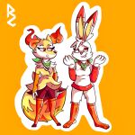  anthro braixen digital_media_(artwork) duo female fur generation_6_pokemon generation_8_pokemon gesture luizcupertino mischievous_smile neck_scarf nintendo paws pokemon pokemon_(species) scorbunny shrug simple_background white_body white_fur yellow_body yellow_fur 