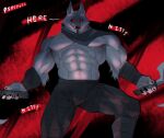  2023 5_fingers abs anthro ariyakonsuay arm_wraps biceps black_cloak black_nose black_sclera bottomwear canid canine canis cloak clothing death_(puss_in_boots) dialogue dreamworks english_text fingers fur grey_body grey_fur hi_res holding_object holding_weapon looking_at_viewer male mammal melee_weapon multicolored_body multicolored_fur muscular muscular_anthro muscular_male pants pecs puss_in_boots_(film) puss_in_boots_the_last_wish red_eyes sickle smile smiling_at_viewer solo text tuft two_tone_body two_tone_fur weapon wolf wraps 