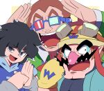  18-volt 3boys absurdres black_hair brown_hair chicken-rib facial_hair fingerless_gloves gloves goggles goggles_on_headwear helmet highres multiple_boys mustache nintendo pointy_ears sunglasses thick_eyebrows wario warioware young_cricket 