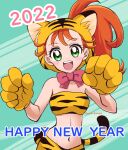  1girl 2022 :d animal_hands animal_print bangs bare_shoulders bow brown_hair chinese_zodiac commentary cure10mama english_text gloves green_background green_eyes happy_new_year long_hair looking_at_viewer midriff natsuumi_manatsu navel nengajou new_year open_mouth paw_gloves precure print_bandeau print_skirt red_bow side_ponytail skirt smile solo standing tail tiger_hat tiger_print tiger_tail tropical-rouge!_precure twitter_username year_of_the_tiger yellow_bandeau yellow_gloves yellow_headwear yellow_skirt 