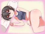  1girl bangs black_hair black_sports_bra cat_pillow commentary cougar_(cougar1404) half-closed_eyes legs light_blush looking_at_viewer lying nari_(cougar1404) navel on_bed on_side original panties parted_lips pillow short_hair solo sports_bra underwear underwear_only white_panties yellow_eyes 