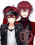  2boys blush brothers closed_eyes closed_mouth dankira!!! frown gloves green_eyes hand_on_another&#039;s_head highres jacket leather leather_jacket long_hair multiple_boys open_mouth red_hair short_hair siblings smile translation_request tsubaki_kento tsubaki_seito white_background yukinotihare 