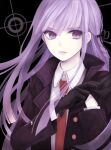  1girl adjusting_clothes adjusting_gloves bangs blunt_bangs blunt_ends braid coat collared_shirt coma_(fginiy) crosshair danganronpa:_trigger_happy_havoc danganronpa_(series) gloves hair_ribbon high_collar kirigiri_kyouko long_hair long_sleeves necktie pale_skin popped_collar purple_eyes purple_hair ribbon shirt solo studded_gloves zipper_pull_tab 