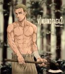  1boy abiru_takahiko artist_name axe bandaged_arm bandages blonde_hair blurry blurry_background brown_eyes closed_mouth copyright_name dated facial_hair farming frown highres holding holding_axe looking_at_viewer male_focus multiple_scars nipples pants scar scar_on_arm scar_on_chest scar_on_hand scar_on_stomach short_hair short_ponytail slave solo stubble thorfinn vinland_saga 