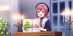  1girl absurdres bangs beret blue_eyes blush book candelabra candle candlestand christmas fire flame flower hair_ornament hat hat_ornament highres holding holding_book indoors kurosawa_ruby long_sleeves love_live! love_live!_school_idol_festival_all_stars love_live!_sunshine!! low_twintails night night_sky official_art open_mouth picture_book plant red_hair rose short_hair sky sleeve_cuffs smile solo star_(sky) star_(symbol) star_hair_ornament star_hat_ornament starry_sky twintails window 