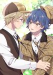  2boys blonde_hair blue_hair collared_shirt dankira!!! detective fur_trim hat kagemiya_kei long_sleeves multiple_boys plaid plaid_shirt purple_eyes riku_(melty_drop) shido_akira shirt short_hair vest yaoi yellow_eyes 