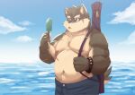  anthro belly biceps blush bottomwear canid canine canis clothing domestic_dog eyebrows food fur grey_body grey_fur hi_res kenobear lifewonders male mammal moritaka musclegut nipples pants partially_submerged pecs popsicle scar shirtless solo thick_eyebrows tokyo_afterschool_summoners water 