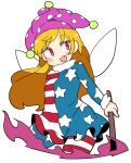 1girl american_flag_dress american_flag_legwear blonde_hair blush_stickers clownpiece cowboy_shot dress fairy fairy_wings fang hat highres holding holding_torch ini_(inunabe00) jester_cap long_hair open_mouth pantyhose pink_eyes pink_headwear polka_dot polka_dot_headwear simple_background smile solo star_(symbol) star_print striped striped_dress striped_pantyhose torch touhou white_background wings 